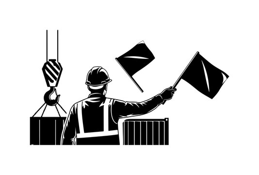 Construction Worker Directing Crane Operations with Flags