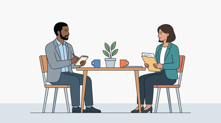 Fototapeta premium Business Meeting between Man and Woman at Table, Vector Illustration