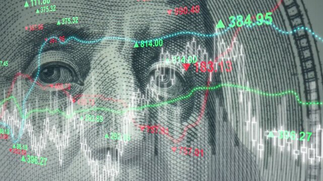 Dollar currency exchange rate and global stock market, and trading display representing, concept of economic value and international investment movement