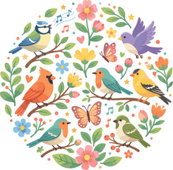 Fototapeta premium Set of Colorful Songbird Characters and Spring Flowers Arranged in a Circular Frame with Butterflies and Musical Notes for Nature Lovers and Seasonal Garden Designs