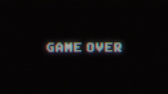 GAME OVER, animated text with glitch effect,
game over Retro pixel art style video game end screen looped animation, stream end.