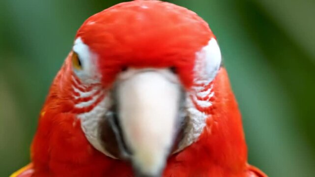Macro shot of a red scarlet macaw parrot head focusing on its intense yellow eye and intricate white facial skin pattern with a sharp beak and vivid tropical plumage detail.