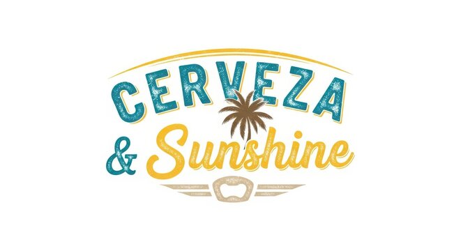 A logo with a sun and the words Cerveza and Sunshine on a white background with a belt buckle advert