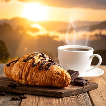 A picturesque scene of breakfast with a croissant and a steaming coffee mug against a warm, sunrise backdrop