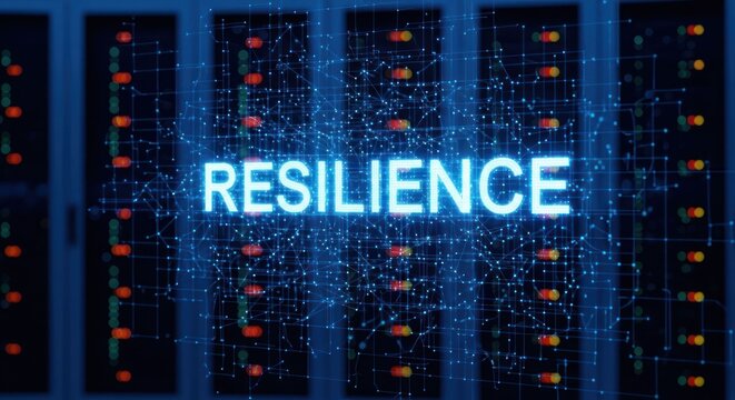 Data servers background with the word "RESILIENCE" over a network