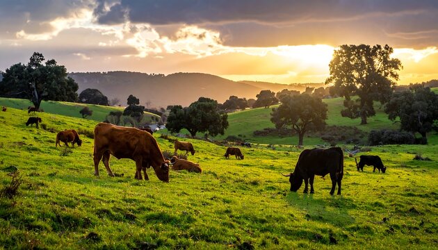 A picturesque scene of cattle grazing in a sun-drenched green meadow during the golden hour, trees dotting the landscape