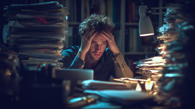 Office worker overwhelmed by multitasking and deadlines ,hard work at night with panic, photo style