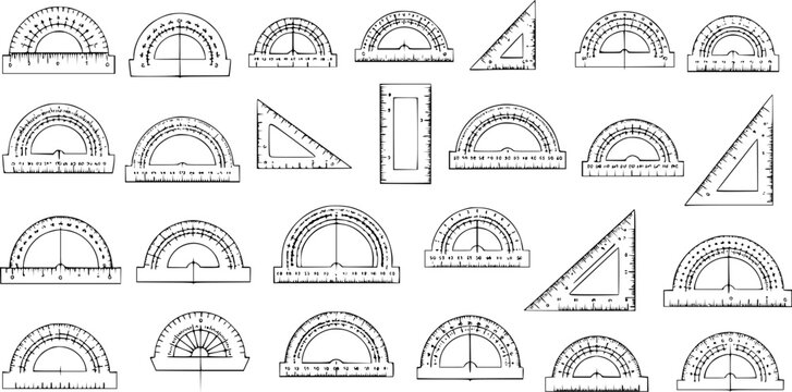Detailed Black and White Line Art Illustration of Various Geometry Measurement Tools - Protractors, Rulers, and Set Squares for Education and Technical Design