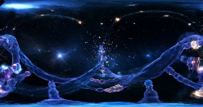 Abstract DNAlike Structure in Space with Glowing Particles and Stars 360 VR.