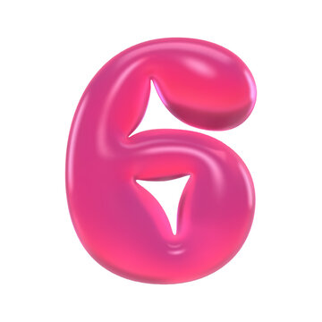 Glossy pink 3D gummy number 6 bubble numeral