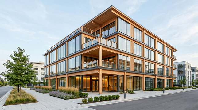 Mass timber office building exterior with exposed wood structure