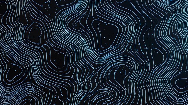 Abstract topographic map contour lines animation with blue glowing light pulses on dark background showing geographic height elevations in futuristic digital style for data visualization.