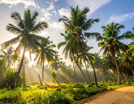 A picturesque scene of lush palm trees bathed in golden sunlight, with a dirt road leading through the tropical landscape