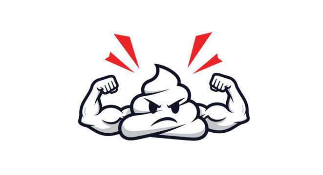 Strong and angry cartoon poop character with muscular arms shows a humorous take on digestive health and strength.