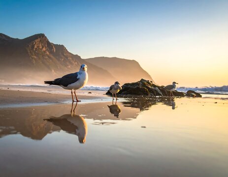 A picturesque scene of three seabirds standing on a sandy beach during a beautiful sunrise, with mountains in the distance