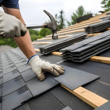 Person in gloves installing dark grey roof shingles with hammer