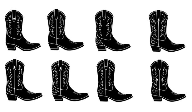 Black cowboy boot vector set western footwear silhouettes