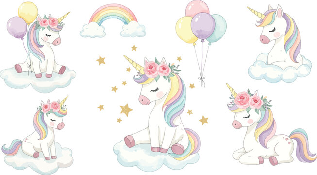 Whimsical pastel colored unicorns on clouds with rainbows and flowers
