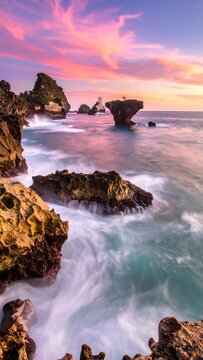 A picturesque seascape featuring rugged cliffs, dramatic rock formations, and waves in motion beneath a vibrant, colorful sunset