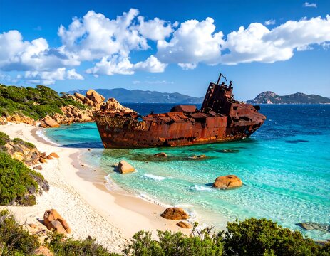 A picturesque seascape featuring a rusted shipwreck on a white sand beach with clear turquoise water and blue sky