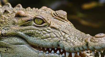 Fototapeta premium Close-up of a powerful crocodiles eye and textured skin, showcasing its predatory gaze and formidable presence in the wild.
