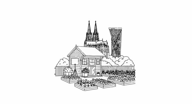 A small garden shed with raised beds in front of a Gothic cathedral and skyscraper