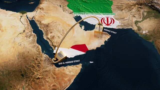 A conceptual map illustrating a locked connection between the Strait of Hormuz and Bab el-Mandeb Strait, symbolizing control over maritime trade routes and geopolitical tension involving Iran and Yeme