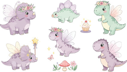 Fototapeta premium Whimsical illustration of cute dragons and fairies in a magical setting