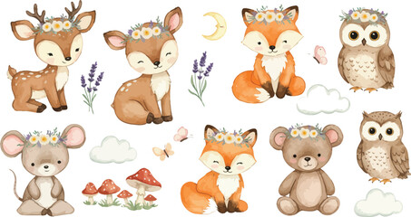 Fototapeta premium Whimsical forest animals illustration with deer fox owl and teddy bears in a watercolor style