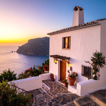 A picturesque seaside house basking in the warm glow of a setting sun. Ocean and mountainous scenery below