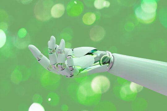 Robot hand side view background, presenting technology gesture