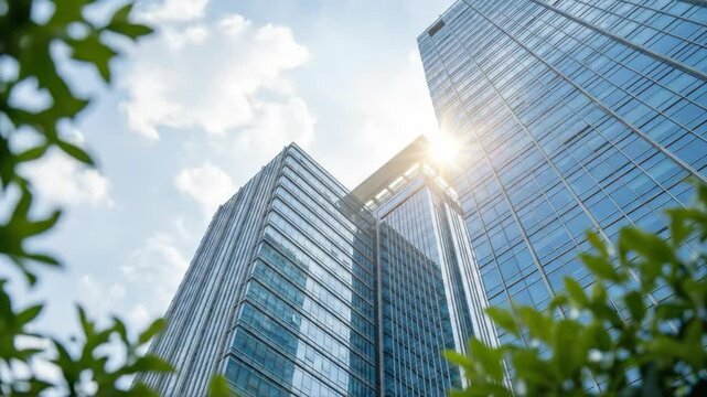 Esg corporate sustainability report responsibility transparency strategy accountability ethics compliance sunlit glass office tower building facade with greenery and leaf framing governance