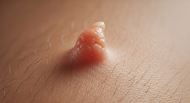 Close-up of a skin tag or wart on human skin, showing its texture and color, a common dermatological condition.
