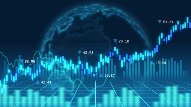 Global world stock market candle chart and financial index interface worldwide investment success and economic planet growth concept