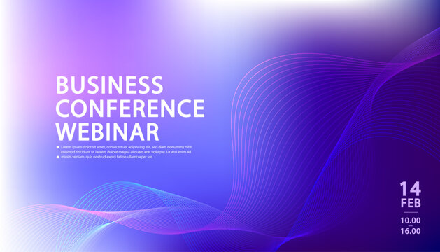 Professional business conference webinar banner with abstract dark blue wavy lines background.