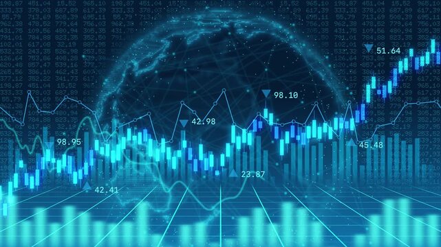 Worldwide investment success and economic planet growth concept, global world stock market candle chart and financial index