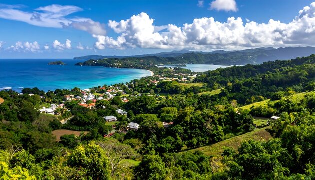 A picturesque seaside view with lush green hills, a calm bay, and scattered buildings under a bright blue sky with fluffy clouds
