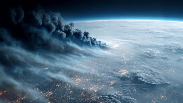 Massive smoke plume rising over city from space. Aerial view of urban destruction and conflict zone. Global disaster scene showing devastation and military crisis.