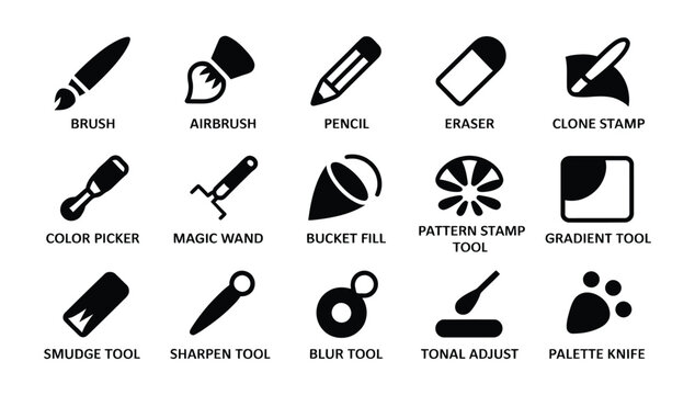 Digital Art Tools Icons Set with Brush Pencil Eraser and Clone Stamp