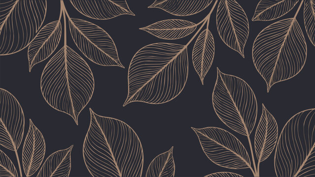 Intricate hand drawn illustration featuring decorative leaf patterns layered across a deep dark background creates an elegant and artistic wallpaper design