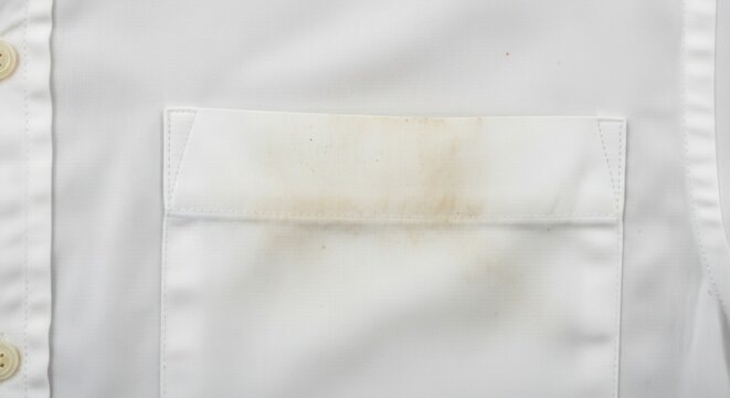 Close-up of a stubborn yellow stain on a white shirt pocket.