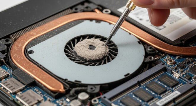 Close-up of a technician cleaning a laptops cooling fan with a screwdriver, revealing intricate internal components and copper heat pipes.