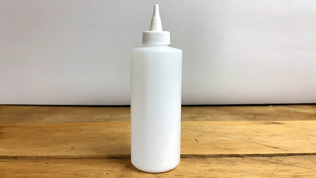 Empty white plastic condiment squeeze bottle on wooden table minimalist background