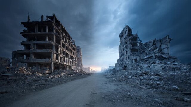 Ruined city street after war conflict. Desolate urban landscape with destroyed buildings and debris. Damaged architecture in abandoned zone showing devastation.