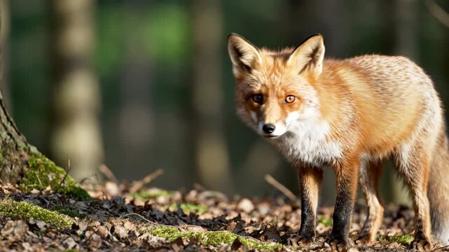 Red fox with orange and white fur and black legs standing on a woodland floor covered in dry brown leaves and green moss, looking aside in a sunlit forest environment with bokeh.