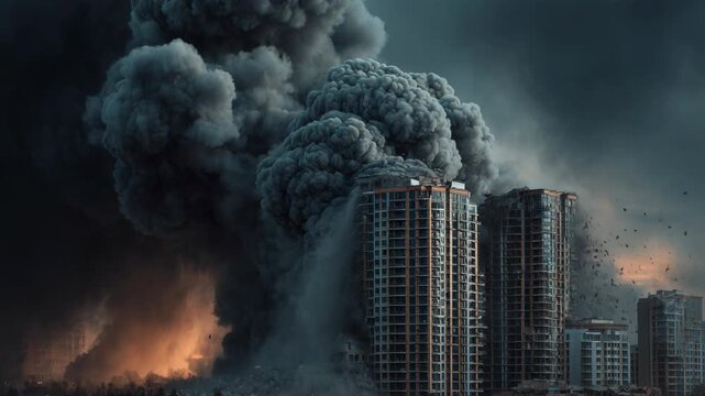 Explosion destroying high-rise building in city. War zone bombing scene with huge smoke cloud. Urban disaster during armed conflict, structural ruin and debris.