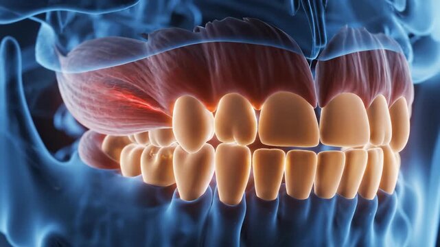3D Animation of Human Jaw and Teeth with Highlighted Pain Area.