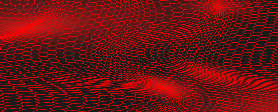 Futuristic Red Hexagon Honeycomb Background &mdash; Glowing Geometric Grid on Black Surface, Digital Technology Pattern for Game Interface and Sci‑Fi UI Design