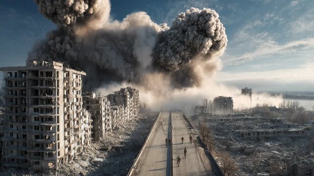 Soldiers walking on bridge near ruins during massive explosion. War zone landscape with destroyed city buildings. Desolation and military conflict scene devastation.