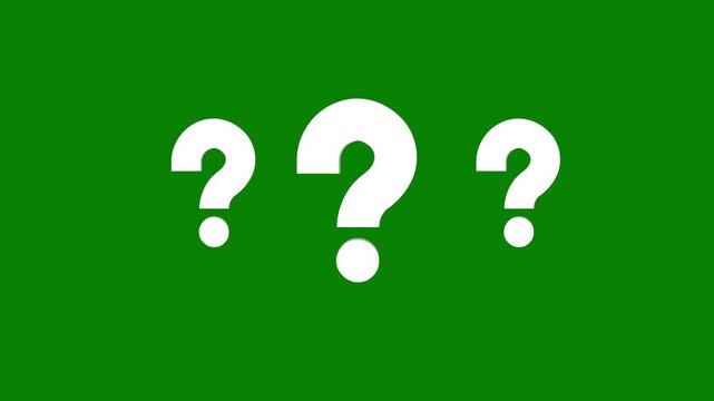 Confused effect raining question mark, motion graphic animation, question mark animation, chroma key glowing white effect on green screen background, 4k.